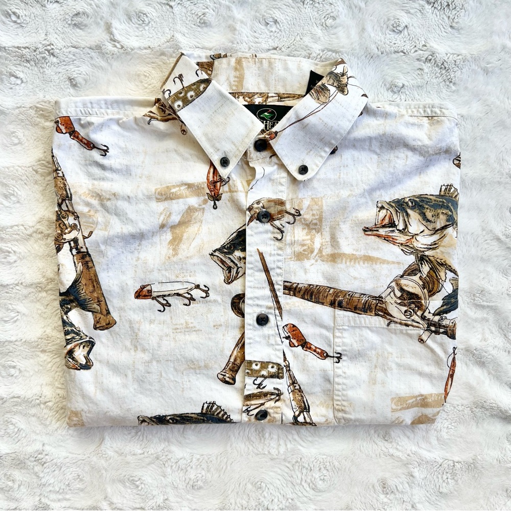 Red Head Shirt Mens XL White Bass Fishing Rod AOP Nautical Coastal Camping Beach